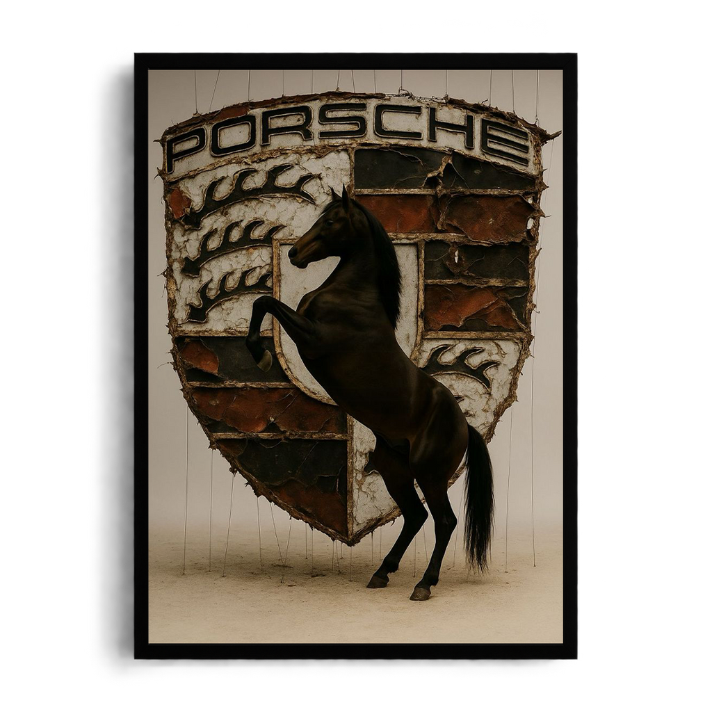 "Porsche Heritage Rearing Stallion" Surreal Automotive Framed Graphic Art Poster