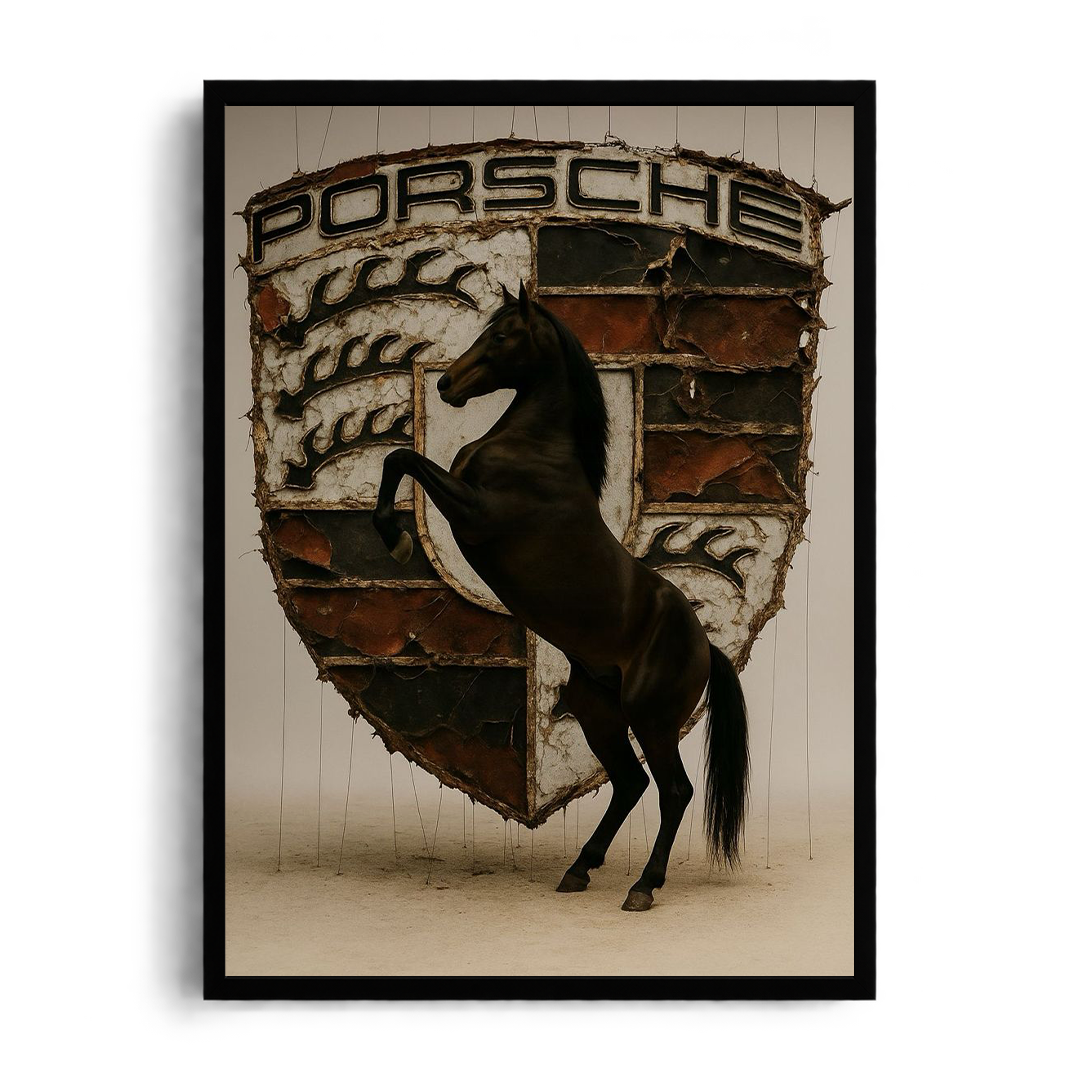 "Porsche Heritage Rearing Stallion" Surreal Automotive Framed Graphic Art Poster