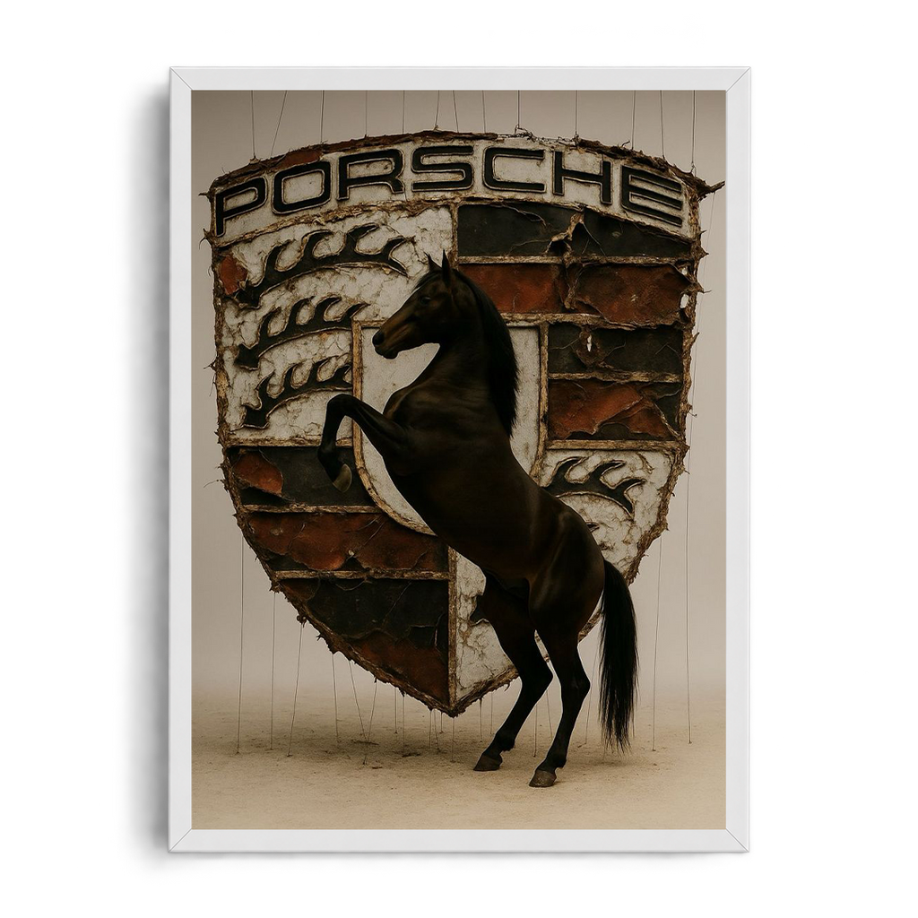 "Porsche Heritage Rearing Stallion" Surreal Automotive Framed Graphic Art Poster