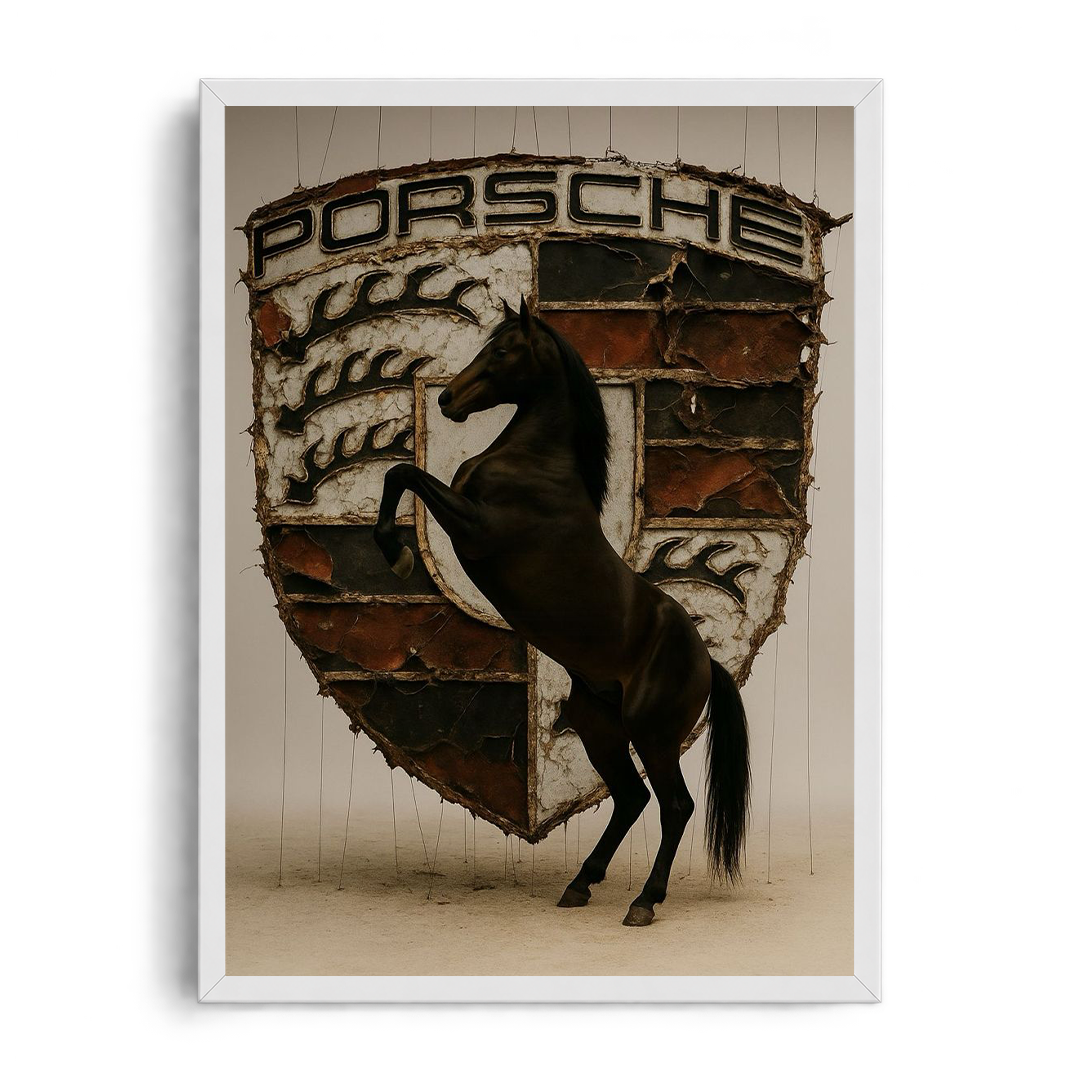 "Porsche Heritage Rearing Stallion" Surreal Automotive Framed Graphic Art Poster