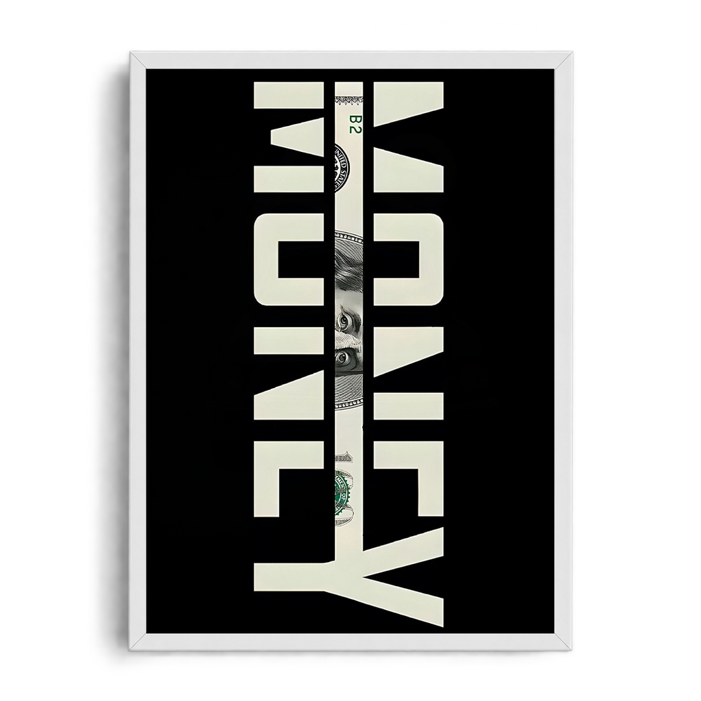 "MONEY Benjamin Franklin $100 Bill" High-Contrast Typographic Framed Graphic Art Poster