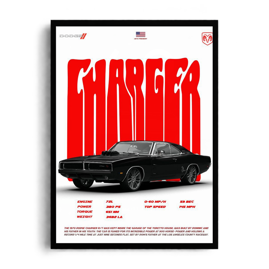 DODGE CHARGER R/T 1970" Automotive Spec Editorial Framed Graphic Art Poster