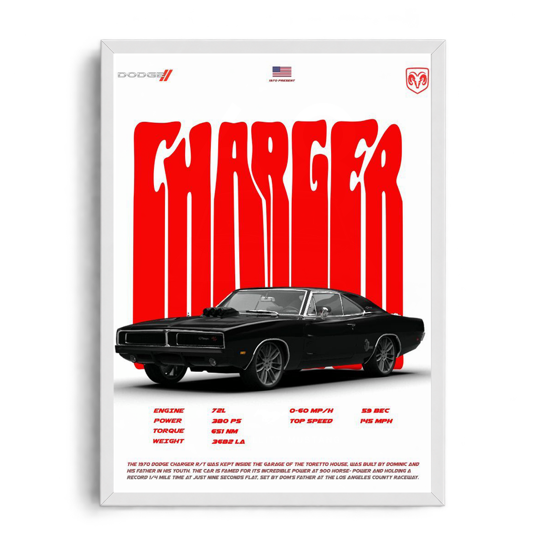 DODGE CHARGER R/T 1970" Automotive Spec Editorial Framed Graphic Art Poster