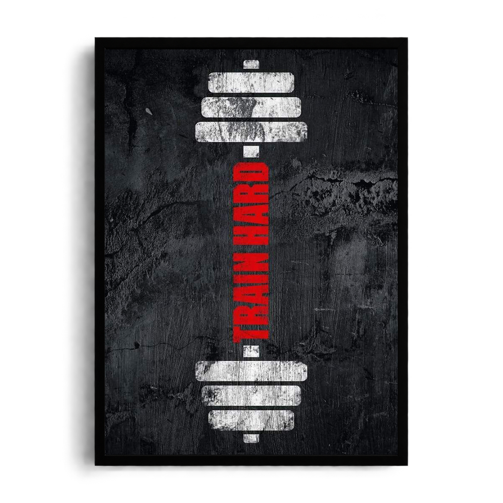 Train Hard" Distressed Barbell Gym Motivational Framed Graphic Art Poster