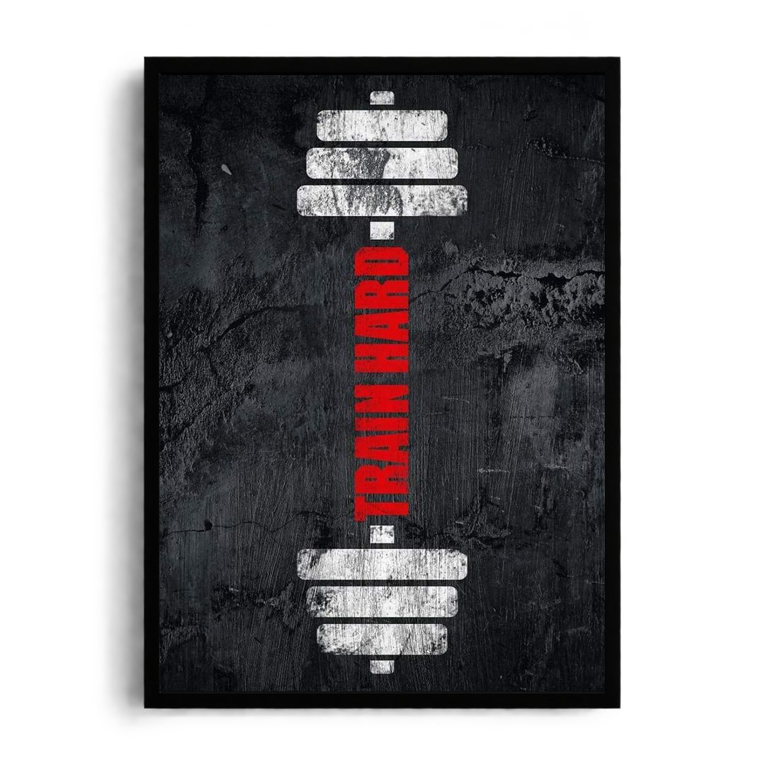 Train Hard" Distressed Barbell Gym Motivational Framed Graphic Art Poster