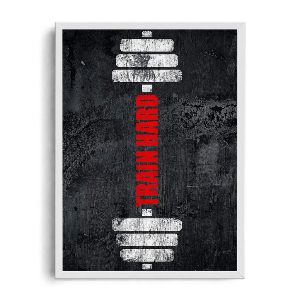Train Hard" Distressed Barbell Gym Motivational Framed Graphic Art Poster