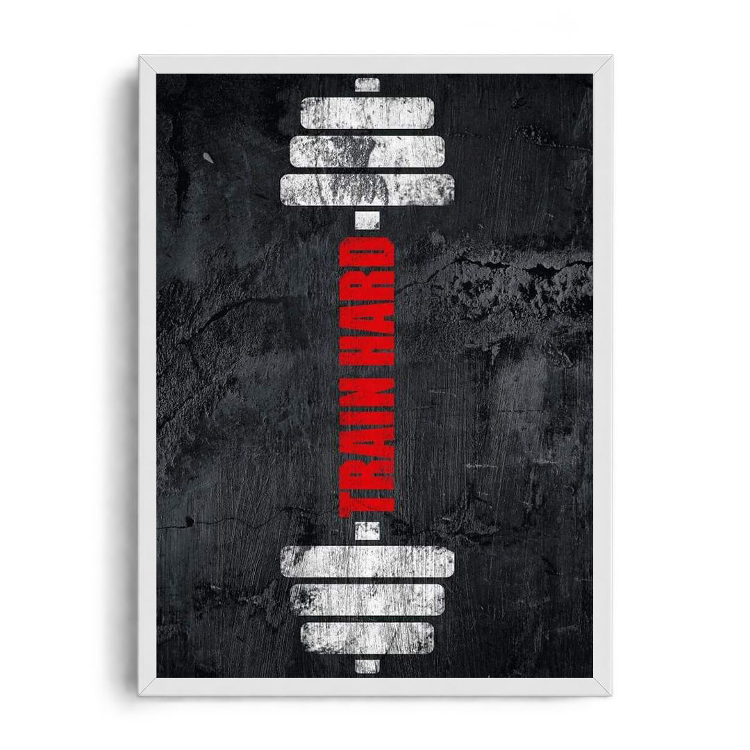 Train Hard" Distressed Barbell Gym Motivational Framed Graphic Art Poster