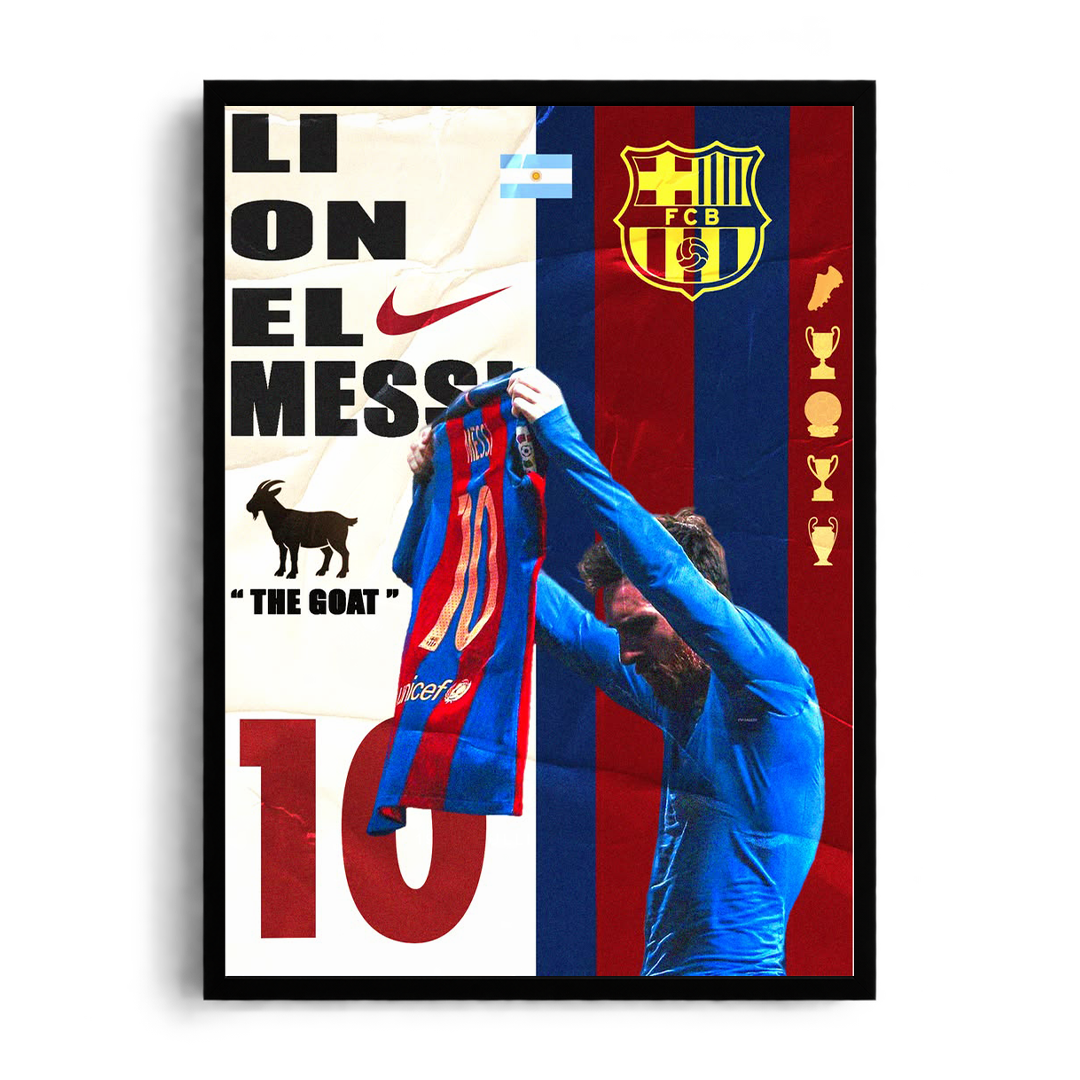Lionel Messi 'THE GOAT' El Clásico Jersey Celebration Framed Graphic Art Poster