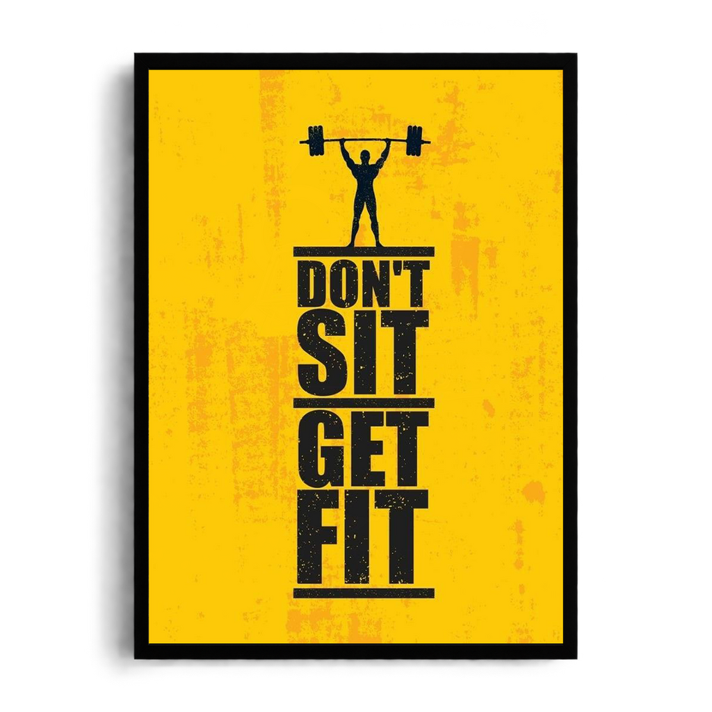 Don't Sit Get Fit" Weightlifter Silhouette Gym Motivational Framed Graphic Art Poster
