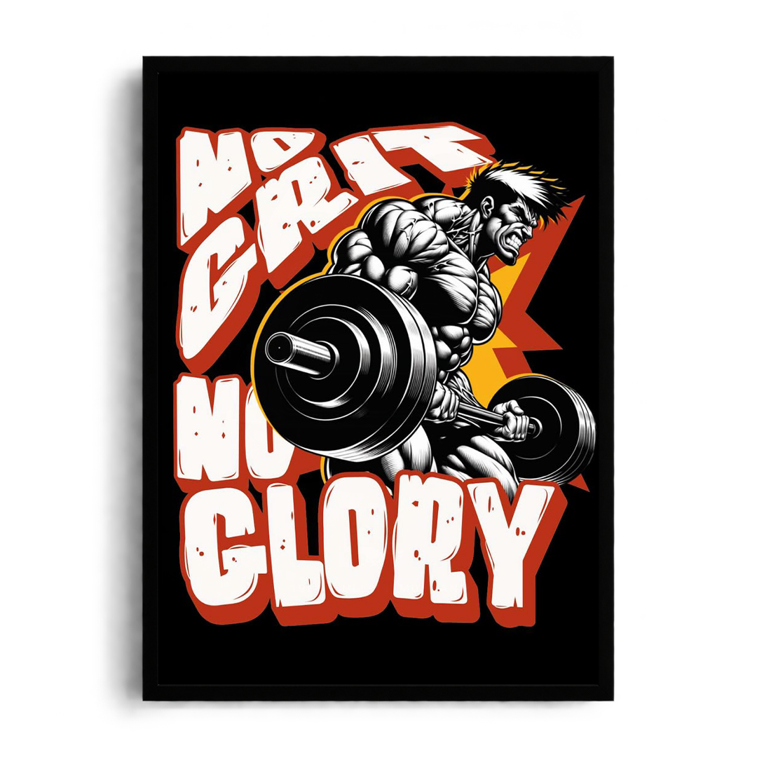 No Grit No Glory" Bodybuilder Barbell Gym Motivational Framed Graphic Art Poster