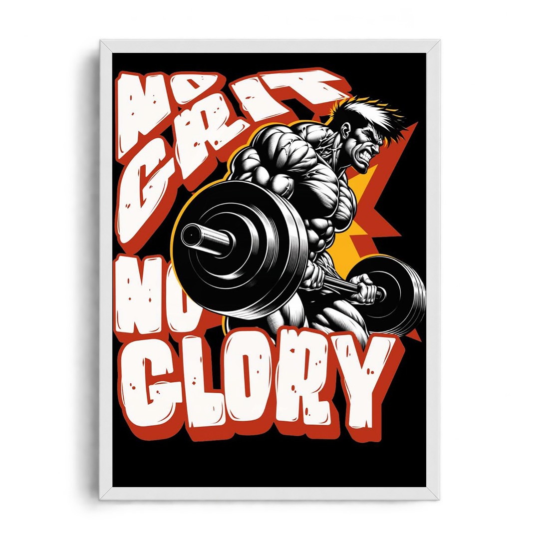 No Grit No Glory" Bodybuilder Barbell Gym Motivational Framed Graphic Art Poster