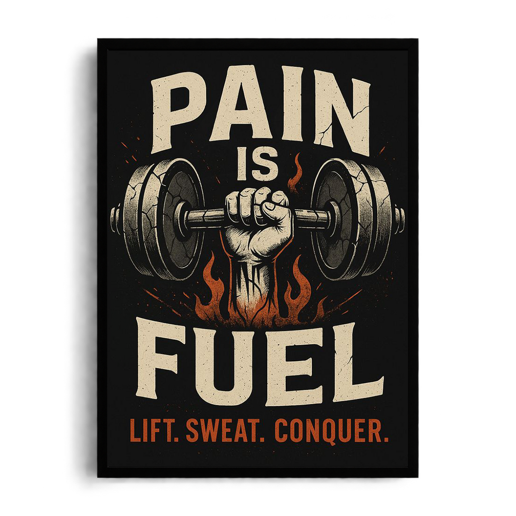 Pain Is Fuel" Fiery Barbell Gym Motivational Framed Graphic Art Poster