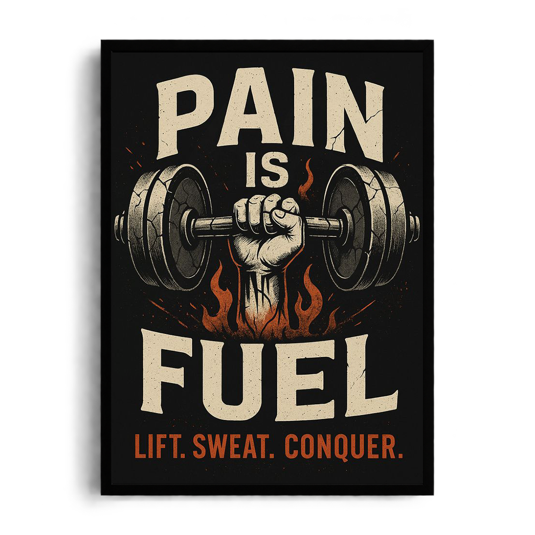 Pain Is Fuel" Fiery Barbell Gym Motivational Framed Graphic Art Poster