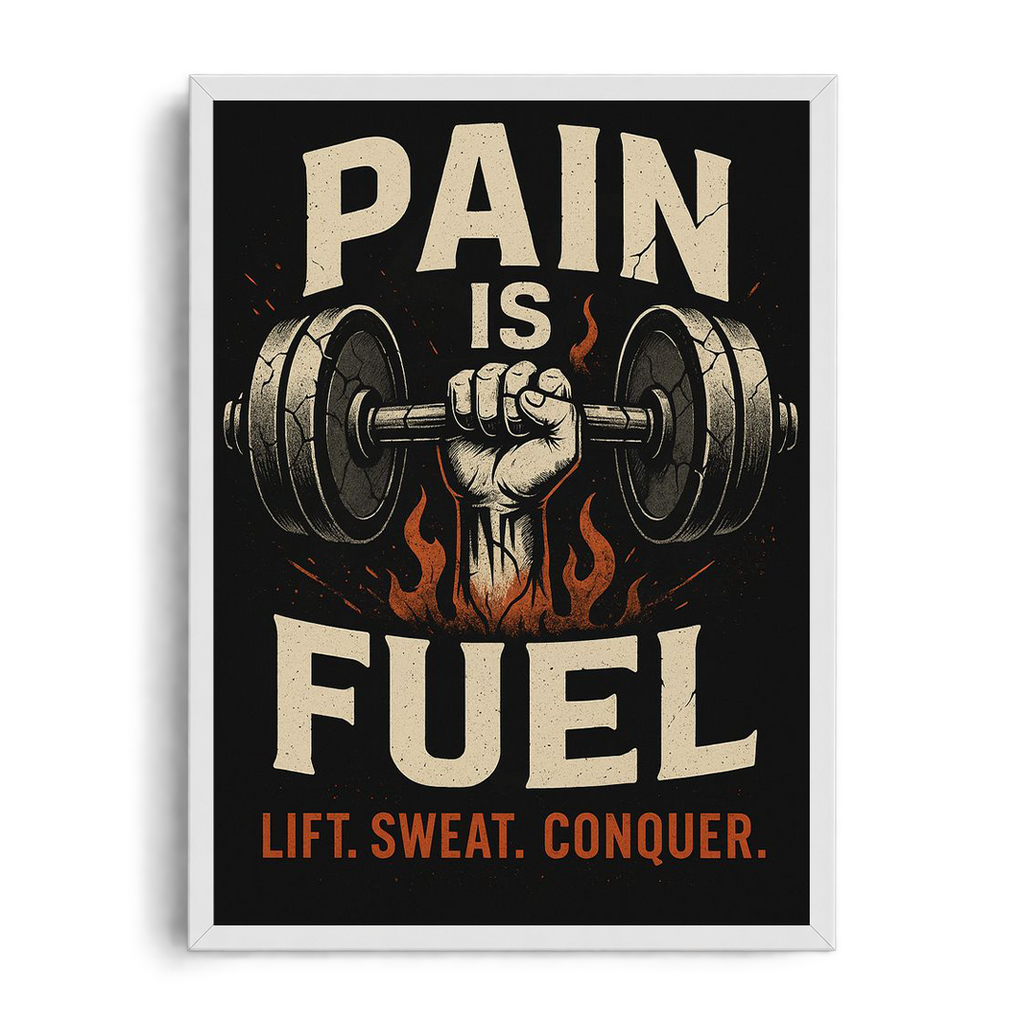 Pain Is Fuel" Fiery Barbell Gym Motivational Framed Graphic Art Poster