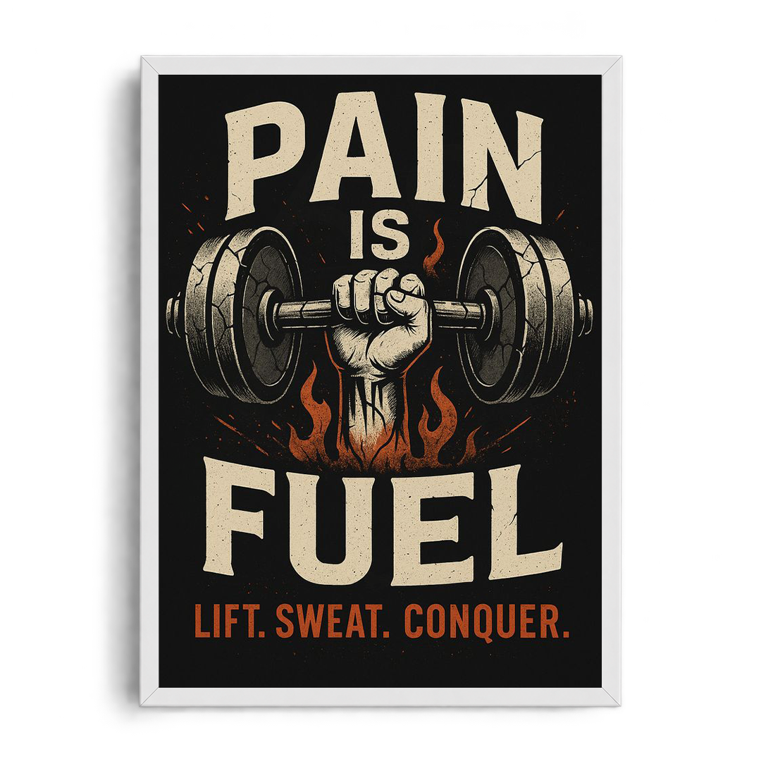 Pain Is Fuel" Fiery Barbell Gym Motivational Framed Graphic Art Poster