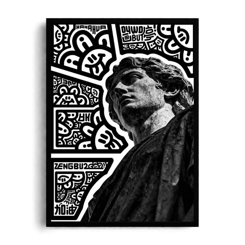 "Classical Statue & Urban Street Doodle Mashup" Monochrome Gallery Framed Graphic Art Poster