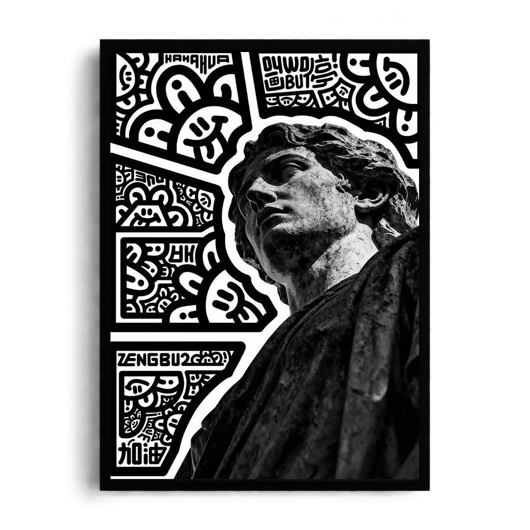 "Classical Statue & Urban Street Doodle Mashup" Monochrome Gallery Framed Graphic Art Poster
