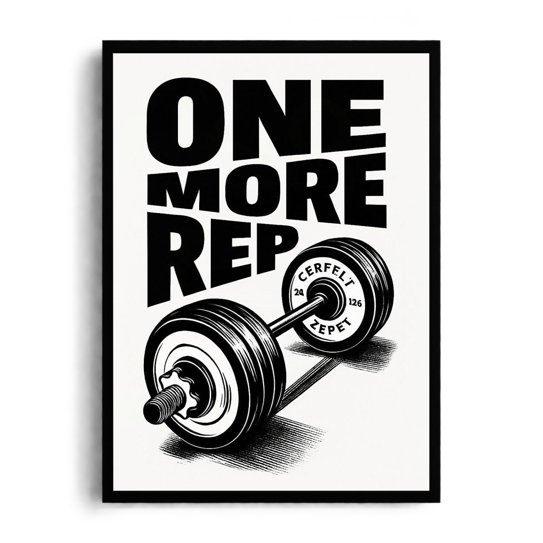 One More Rep" Monochrome Barbell Gym Motivational Framed Graphic Art Poster
