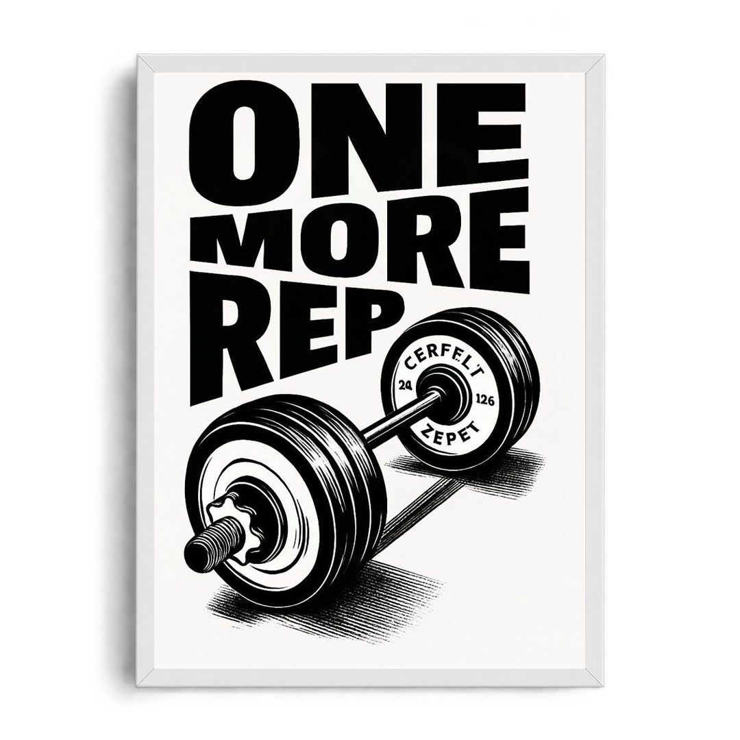 One More Rep" Monochrome Barbell Gym Motivational Framed Graphic Art Poster