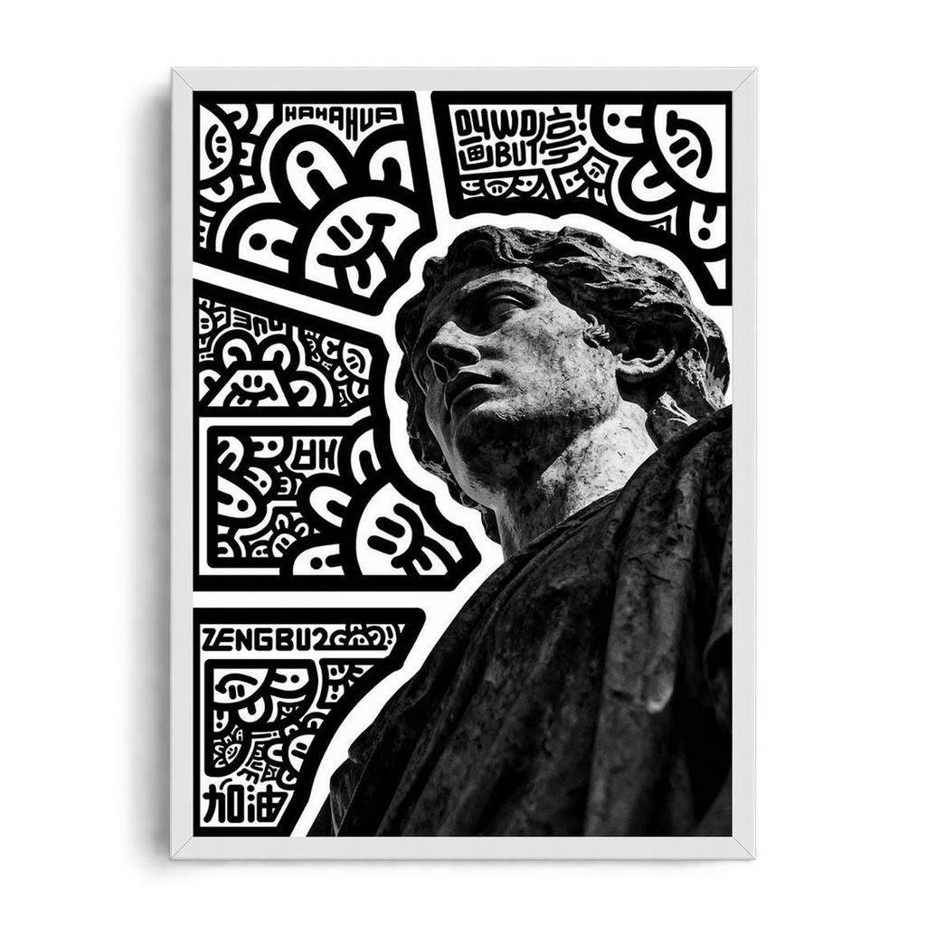 "Classical Statue & Urban Street Doodle Mashup" Monochrome Gallery Framed Graphic Art Poster