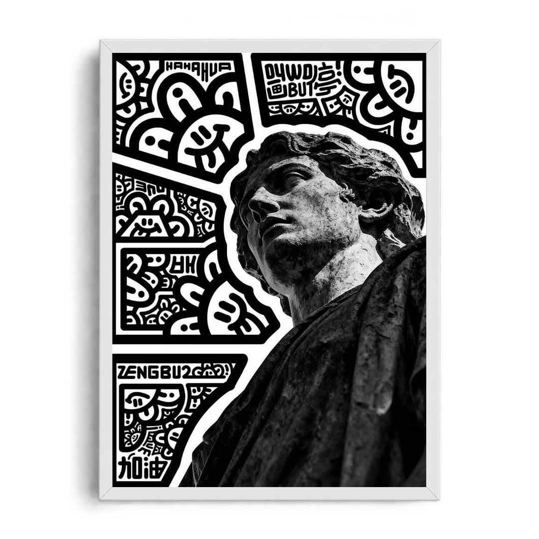 "Classical Statue & Urban Street Doodle Mashup" Monochrome Gallery Framed Graphic Art Poster