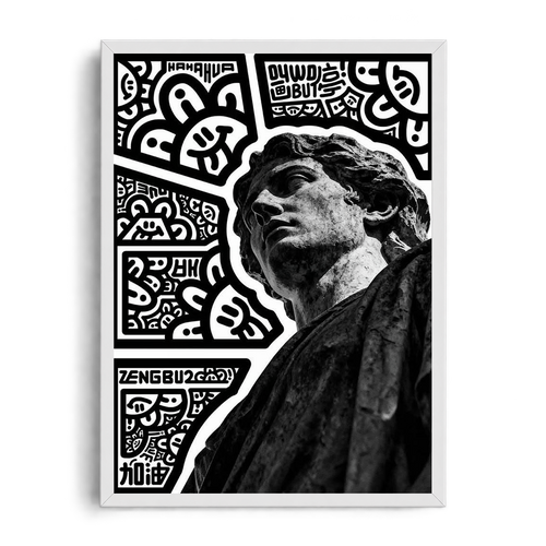 "Classical Statue & Urban Street Doodle Mashup" Monochrome Gallery Framed Graphic Art Poster