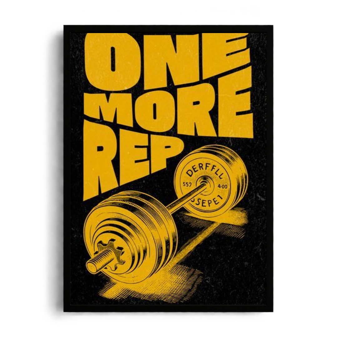One More Rep" Gold & Charcoal Barbell Gym Motivational Framed Graphic Art Poster