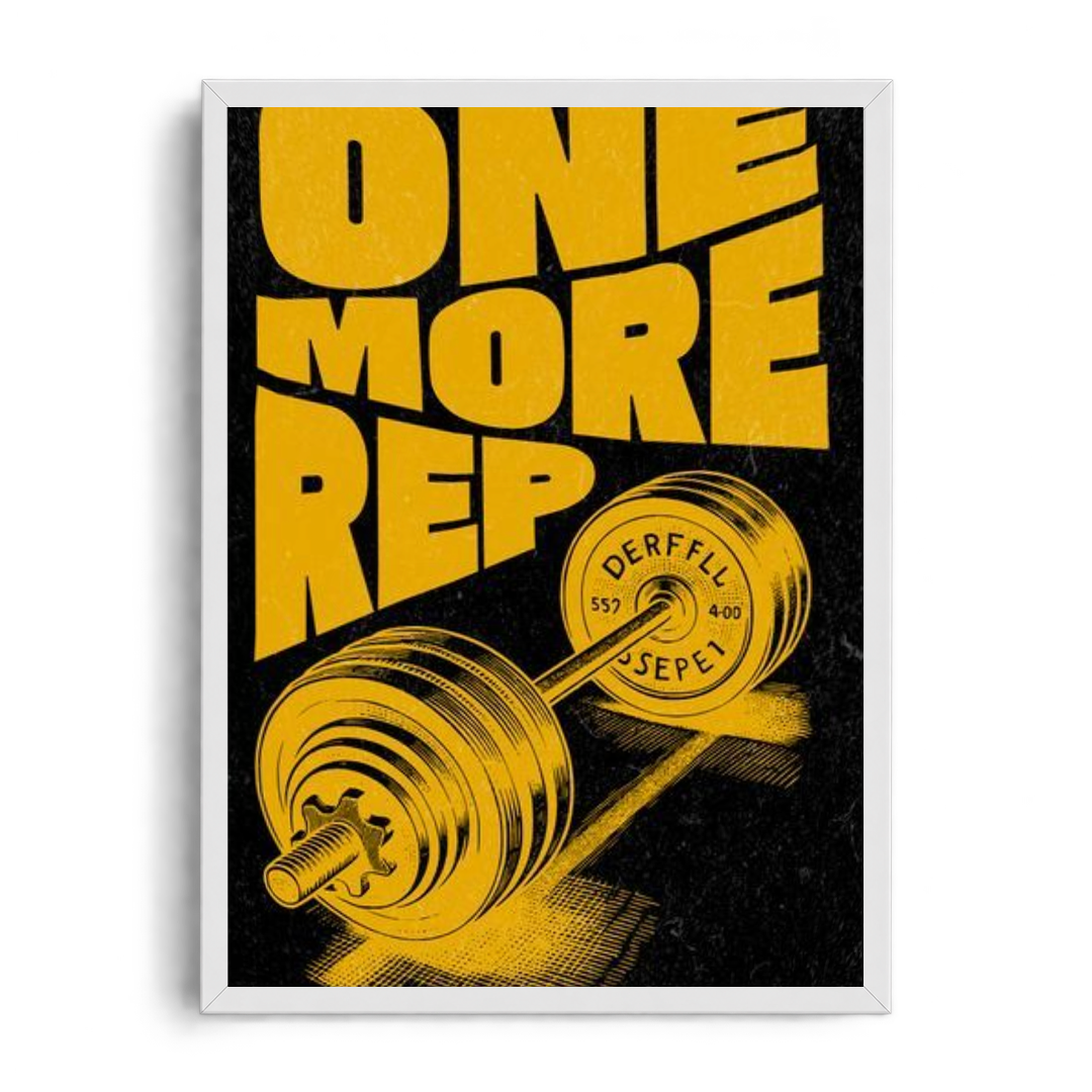 One More Rep" Gold & Charcoal Barbell Gym Motivational Framed Graphic Art Poster