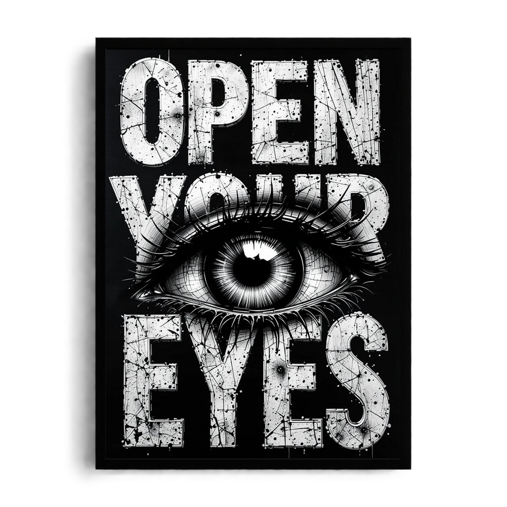 "Open Your Eyes" Monochrome Grunge Typographic Framed Art Poster