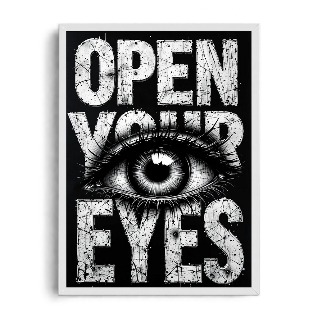 "Open Your Eyes" Monochrome Grunge Typographic Framed Art Poster