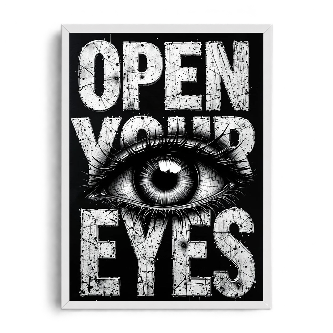 "Open Your Eyes" Monochrome Grunge Typographic Framed Art Poster