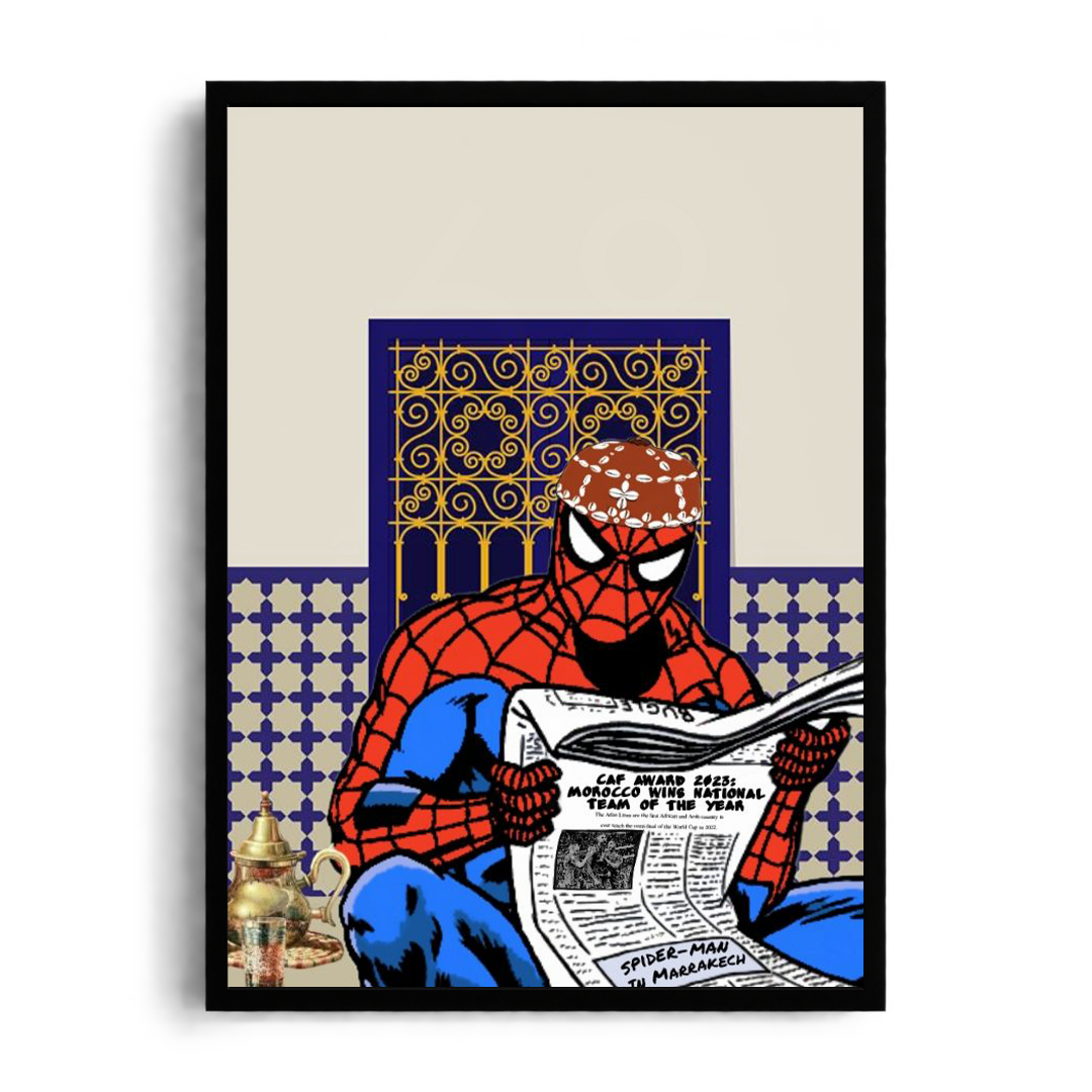 "Spider-Man in Marrakech" Moroccan Cultural & Comic Pop-Art Framed Graphic Art Poster