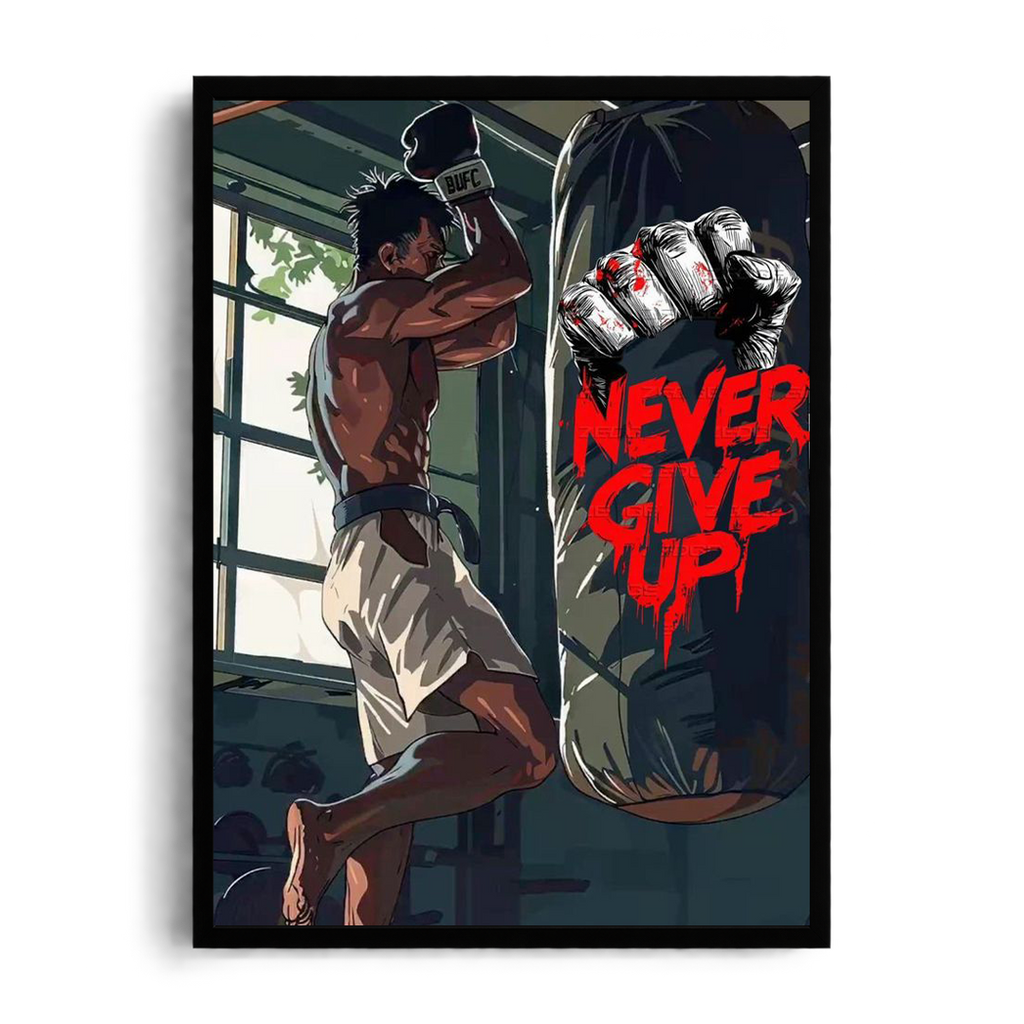 Never Give Up" Combat Fighter Punching Bag Motivational Framed Graphic Art Poster