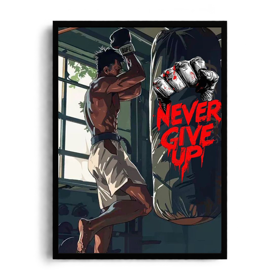 Never Give Up" Combat Fighter Punching Bag Motivational Framed Graphic Art Poster