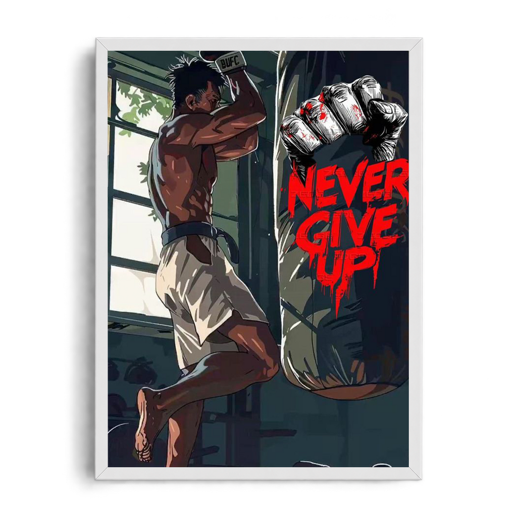 Never Give Up" Combat Fighter Punching Bag Motivational Framed Graphic Art Poster
