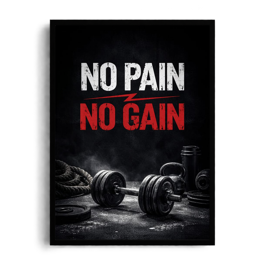 No Pain No Gain" Gritty Gym Equipment Motivational Framed Graphic Art Poster