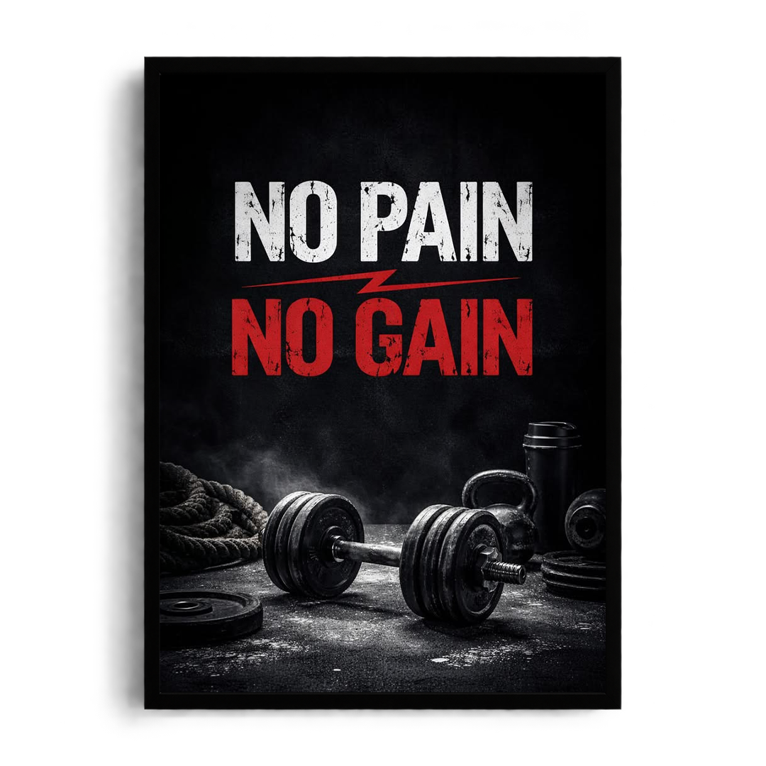 No Pain No Gain" Gritty Gym Equipment Motivational Framed Graphic Art Poster