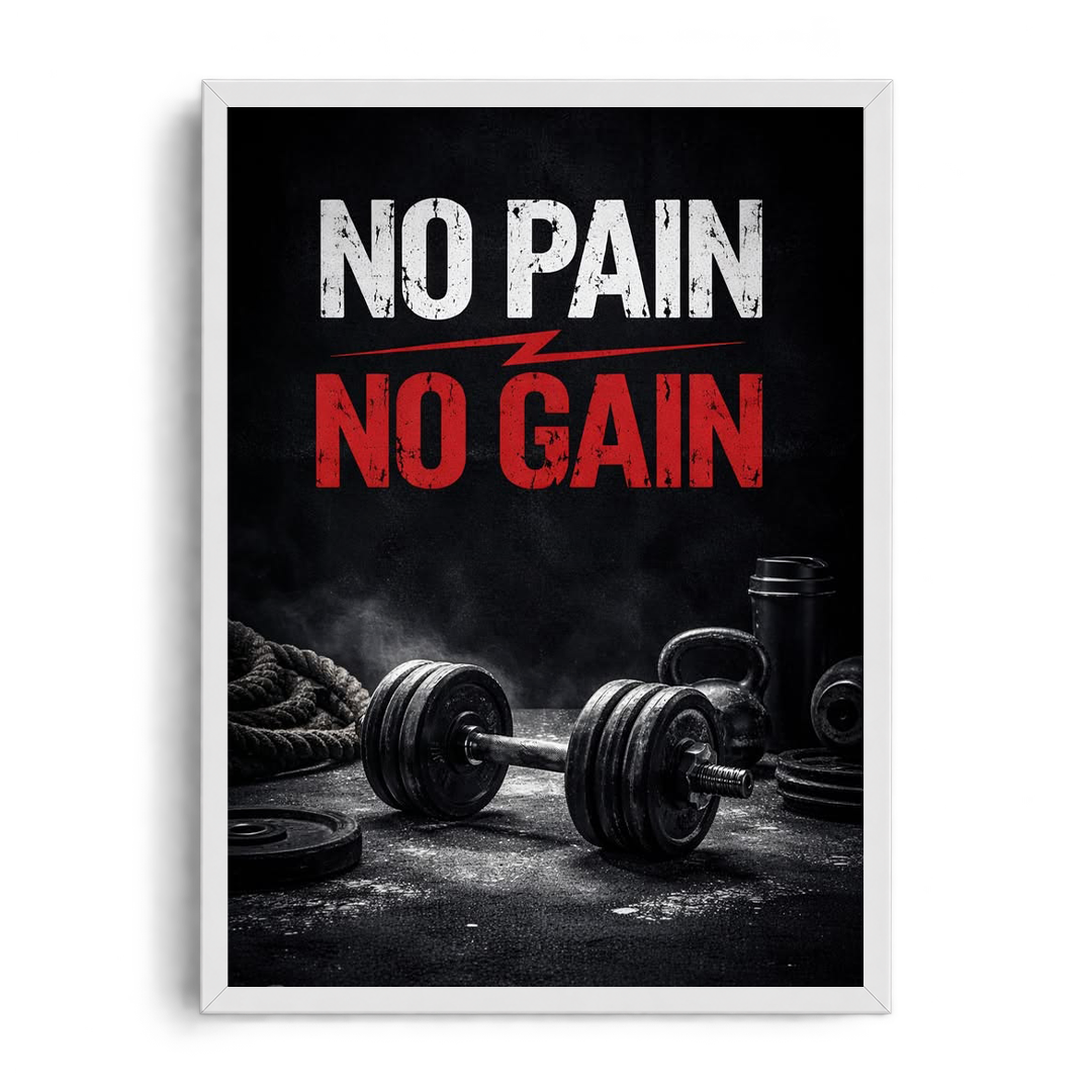 No Pain No Gain" Gritty Gym Equipment Motivational Framed Graphic Art Poster