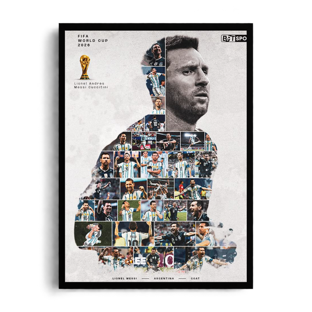 Lionel Messi 'Albiceleste Photo Collage Silhouette' Argentina GOAT Framed Graphic Art Poster