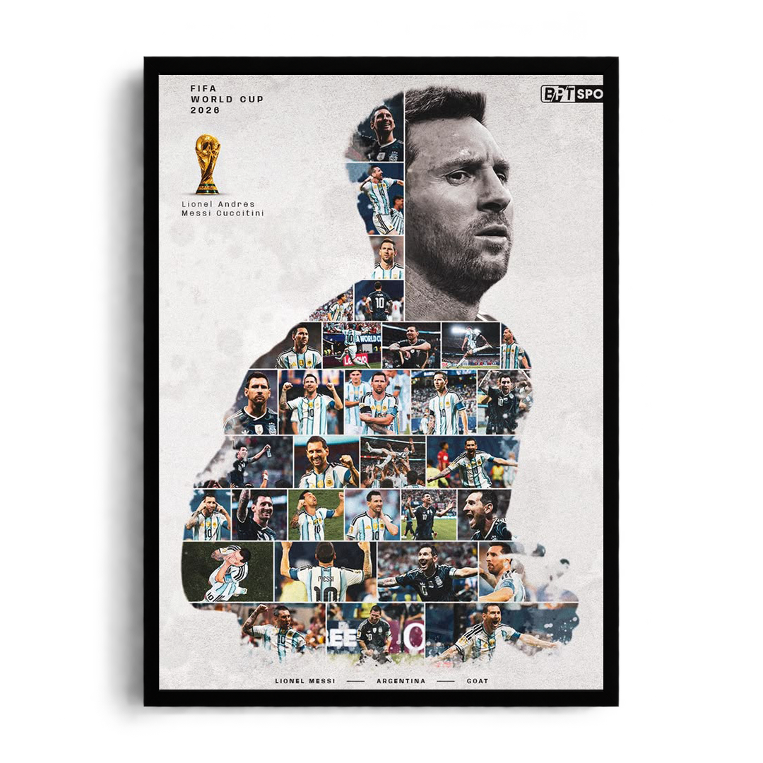 Lionel Messi 'Albiceleste Photo Collage Silhouette' Argentina GOAT Framed Graphic Art Poster