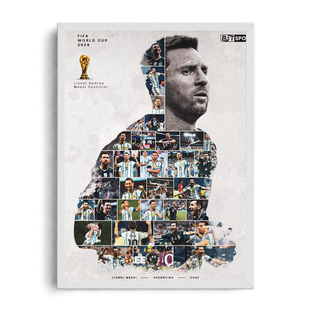Lionel Messi 'Albiceleste Photo Collage Silhouette' Argentina GOAT Framed Graphic Art Poster