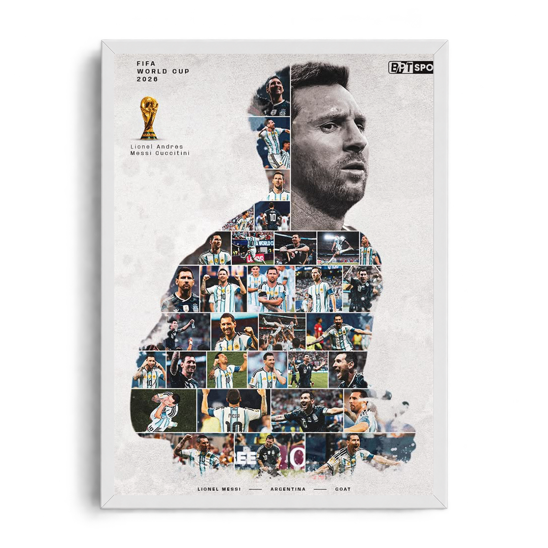 Lionel Messi 'Albiceleste Photo Collage Silhouette' Argentina GOAT Framed Graphic Art Poster