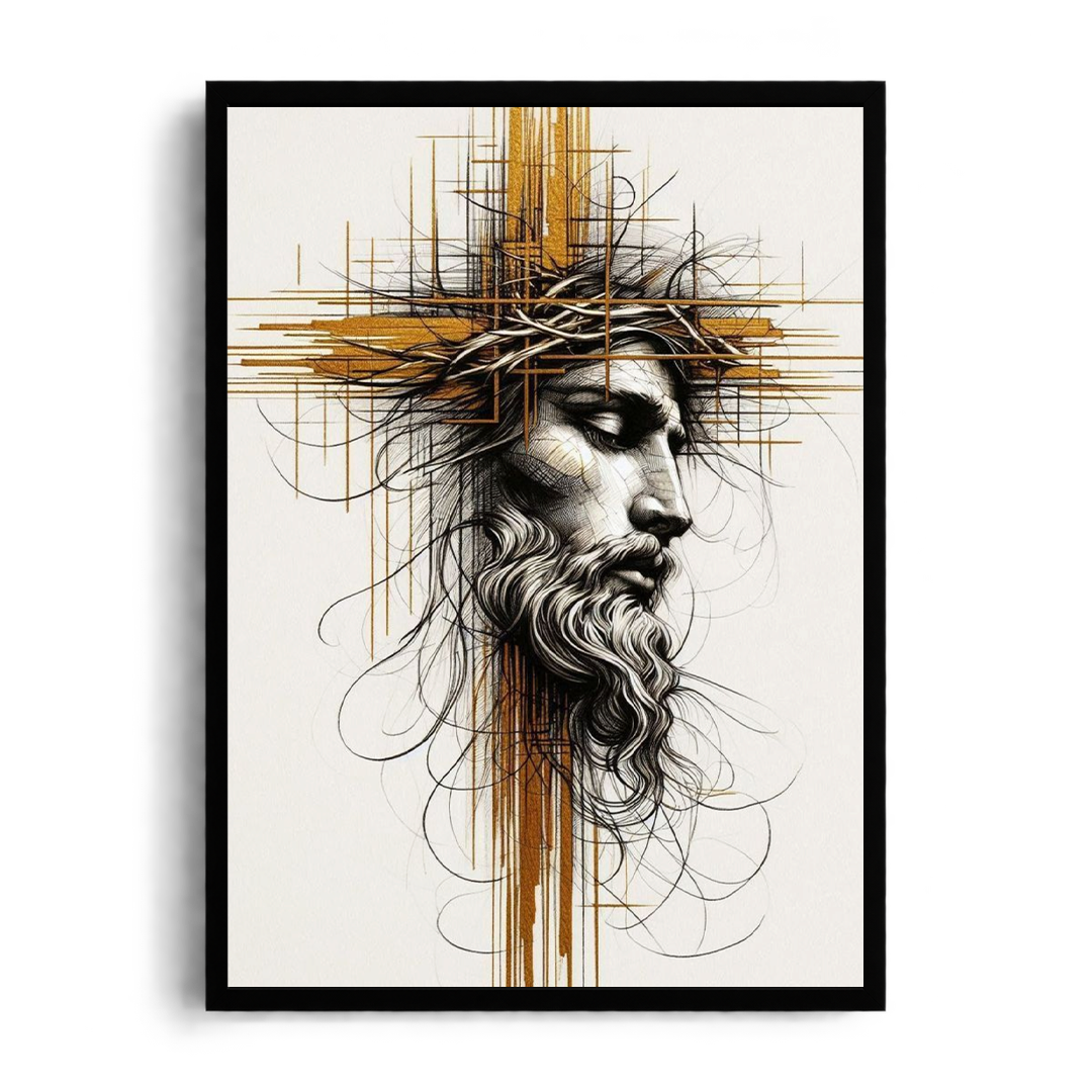 CHRIST WITH CROWN OF THORNS" Abstract Gold & Line-Art Framed Graphic Poster