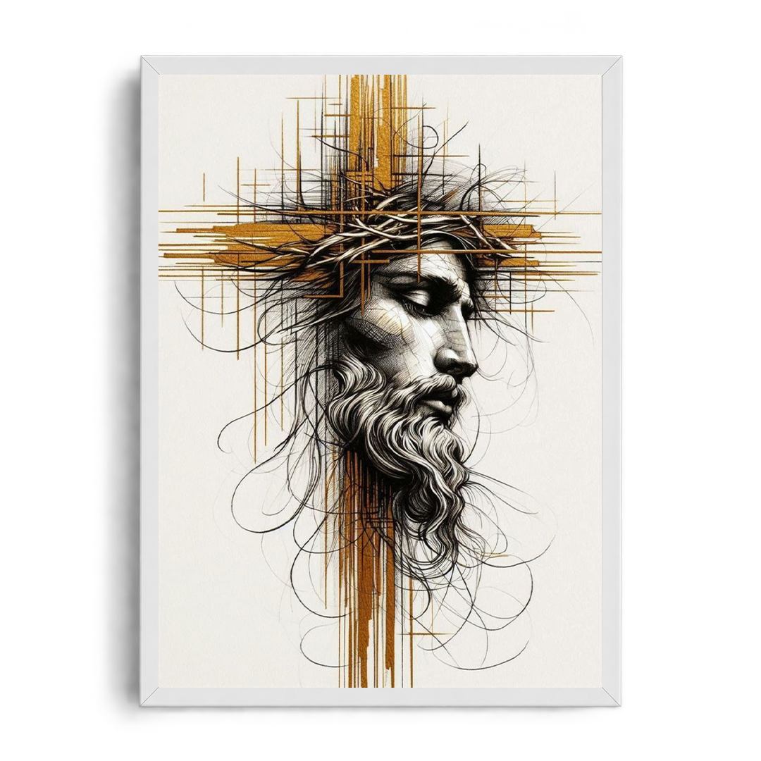 CHRIST WITH CROWN OF THORNS" Abstract Gold & Line-Art Framed Graphic Poster
