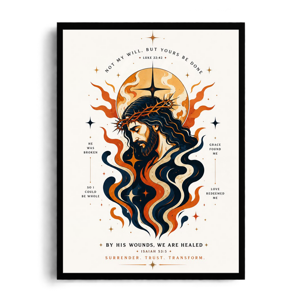 BY HIS WOUNDS, WE ARE HEALED" Sacred Illustrative Framed Graphic Art Poster
