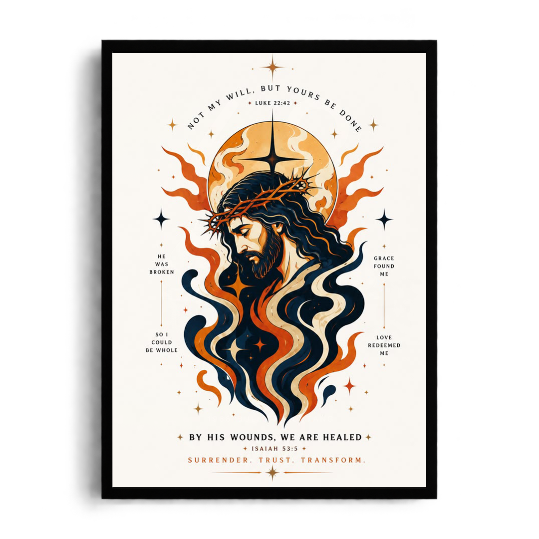 BY HIS WOUNDS, WE ARE HEALED" Sacred Illustrative Framed Graphic Art Poster