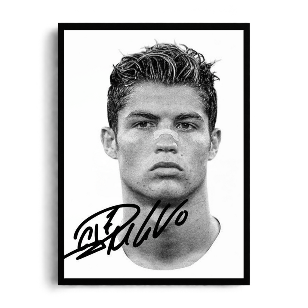 Cristiano Ronaldo 'Raw Intensity' Minimalist Black & White Autographed Portrait Framed Graphic Art Poster