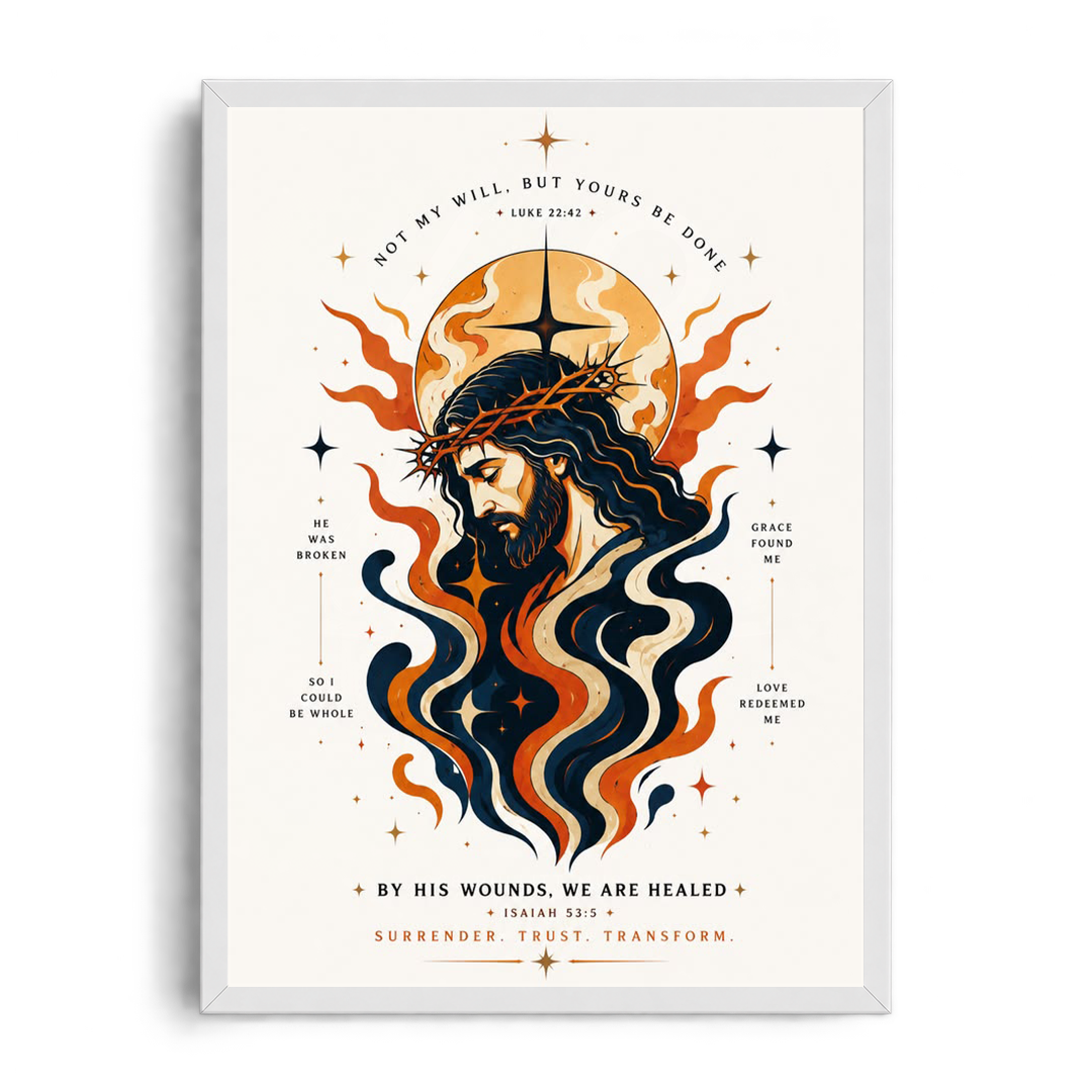 BY HIS WOUNDS, WE ARE HEALED" Sacred Illustrative Framed Graphic Art Poster