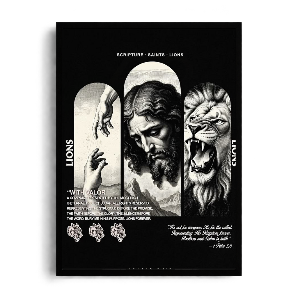 SCRIPTURE • SAINTS • LIONS" Triptych Editorial Framed Graphic Art Poster