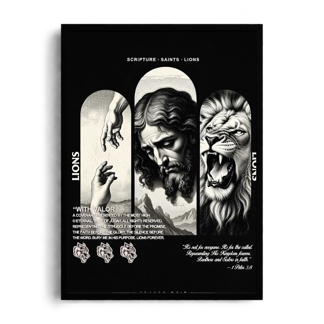 SCRIPTURE • SAINTS • LIONS" Triptych Editorial Framed Graphic Art Poster